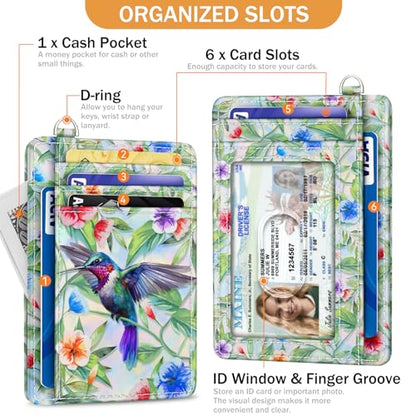 Yonlevres Credit Card Holder Slim Wallet, Hummingbird RFID Wallet Women Front Pocket Small Card Holder, Travel Funny Cute Thin Card Case ID Window PU Leather RFID Blocking Card Organizer Gifts Girls - color: Hummingbird