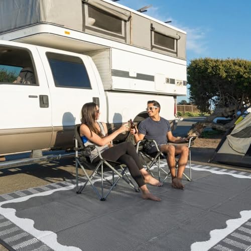 Garvee Large Scalloped Outdoor Rug 9x18 Patio Rugs Outdoor Waterproof, Reversible Plastic Straw Camping Rug, Modern Bordered Outside Mats for Picnic Backyard Deck Balcony Beach Trailer, Grey - color: Bordered|grey, size: 9' x 18' (Rectangular)