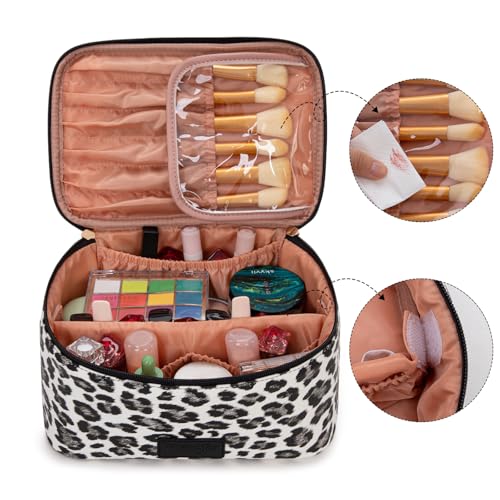Montana West X Wrangler Travel Makeup Bag 2pcs Set Large Cosmetic Bag with Makeup Brush Holder Portable Make Up Organizer Cute Toiletry Bag with Divider and Handle for Women Leopard - color: Leopard-Black