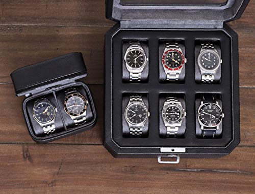 ROTHWELL Gift Set 6 Slot Leather Watch Box and 2 Watch Travel Case - Luxury Case Organizer, Microsuede Liner, Locking Mens Jewelry Watches Holder, Storage Boxes Glass Top (Black/Grey Gift Set) - color: 6 Slot - Black/Grey Gift Set