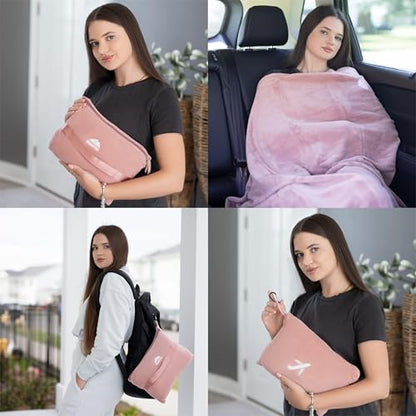 BlueHills Premium Soft Travel Blanket Pillow Compact Mini Airplane Blanket with Portable Pillowcase Long Flights - Dusty Rose Pink M02 - color: Pink-m02