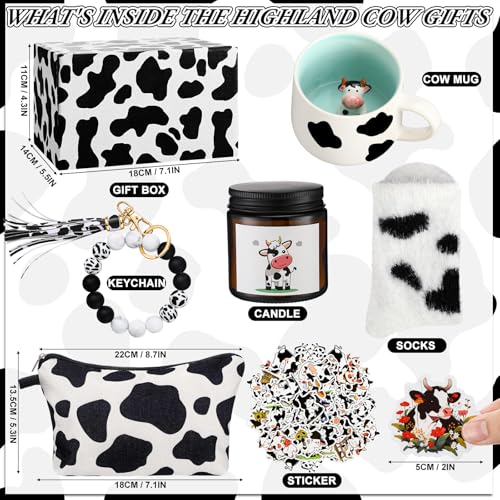 Honeydak Cow Gifts Set for Women Cow Printed Accessories Includes Makeup Bag Gift Box Cute Socks Keychain Mug Scented Candle Stickers for Christmas and Birthday Party Gifts - style: Cow