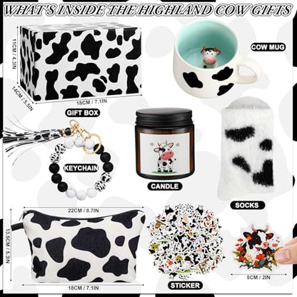 Honeydak Cow Gifts Set for Women Cow Printed Accessories Includes Makeup Bag Gift Box Cute Socks Keychain Mug Scented Candle Stickers for Christmas and Birthday Party Gifts - style: Cow