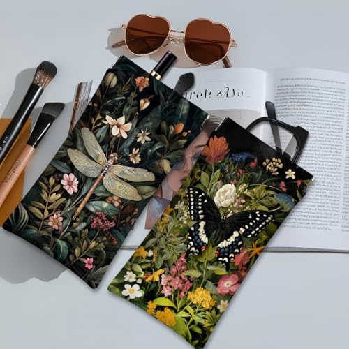 Eyeglasses Sunglasses Case PU Soft Squeeze Top Glasses Pouch for Women Men,Animal Pattern Portable Anti Scratch - color: Brown-dragonfly