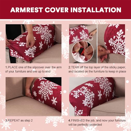 PrinceDeco Thick Velvet Stretch Armrest Covers for Chairs and Sofas Armchair Covers for Arms Couch Arm Cover Armrest Cover for Sofa Non Slip (2 Pack: Snowflakes) - color: Red