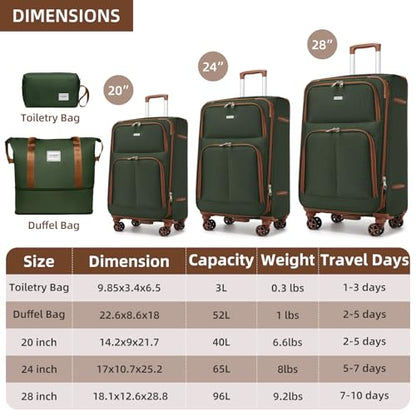 LARVENDER Luggage Sets 5 Piece Softside Expandable Suitcases Set with Spinner Wheels TSA Lock, Lightweight Soft Shell Rolling Travel Luggage Set Clearance for Men and Women, Green Brown - color: Green/Brown, size: 5 Piece Set