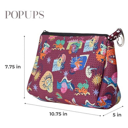POPUPS Large Makeup Bag with Zipper - Waterproof Neoprene Cosmetic Bag 7.7 x 10.75 x 5 inches - color: Print Construyendo Futuros-Burgundy