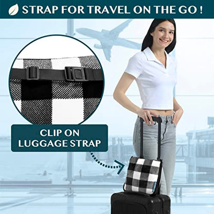 PAVILIA Travel Blanket Pillow, Soft Airplane Blanket 2-in-1 Combo Set, Plane Blanket Compact Packable, Flight Essentials Car Pillow, Travelers Gifts Accessories, Backpack Strap, 60x43 Checker White - color: Checker White