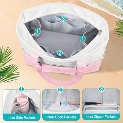 Beach Bags for Women Large Canvas Beach Tote with Zipper Wet Pocket, Waterproof Foldable Swim Pool Travel Tote Bags - color: Pink
