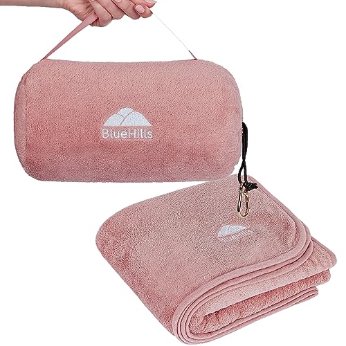 BlueHills Travel Blanket Pillow Rolled Premium Soft Plush Airplane Throw Traveling Gifts Compact in a Bag 70 X 48 inches Long Plane Flight Portable Lightweight Pink R02 - color: R02-pink