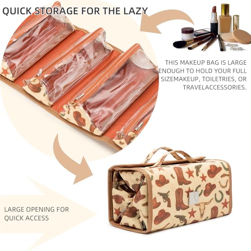 ROYALFAIR Roll Up Makeup Bag, Travel Toiletry Bag for Women with 4 Clear TSA Approved Pouches, Hanging Travel Organizer, Folding Cosmetic Bag for Men and Women - color: cowboy