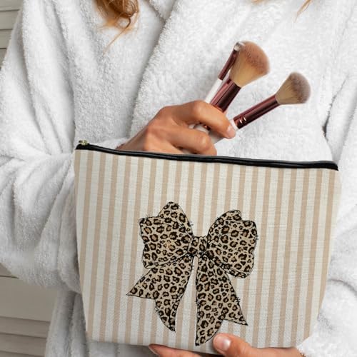 Leopard Coquette Bow Makeup Bag, Coquette Bow Gifts Supplies Cosmetic Bags for Women, Leopard Cheetah Bow Print Striped zipper Makeup Pouches for Purse - color: Striped Bow