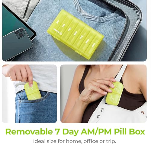 AUVON XL Weekly Pill Organizer 2 Times a Day, Pill Box 7 Day with One-Side Large Openings for Easy to Use, Black Privacy Protection AM PM Pill Case for Medication, Vitamins, Fish Oils, Supplements - color: Light Yellow