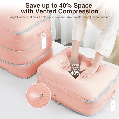 Homsorout 4 Pack Compression Storage Bags - 110L Large Capacity Comforter Storage Bag, 3-Layer Washable Ultra Space Saving Self Compression Organizer Space Bags for Blankets, Sweaters, Sheets, Pink - color: Pink, size: 110L-4 Pack