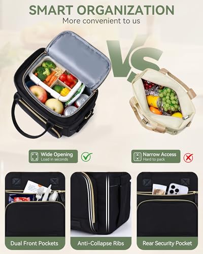 HOMESPON Insulated Lunch Bag Women Wide Opening Adult Lunch Box Large Leakproof Cooler Bag for Work Picnic Beach Family College Lunch Teacher Tote Bag with Adjustable Shoulder Strap Cup Holder(Black) - color: Black