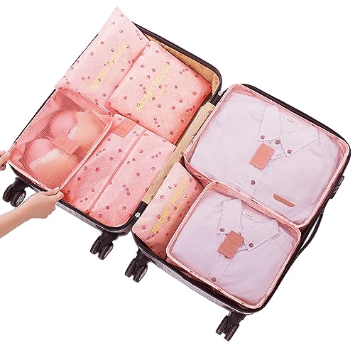 Packing Cubes for Suitcases - 7 Pieces,Light Packing Cubes for Travel, Suitcase Organizer Bags Set, Luggage Organizers for Suitcase, Water-Resistant Travel Essentials, Pink Cherry - color: 1-Cherry