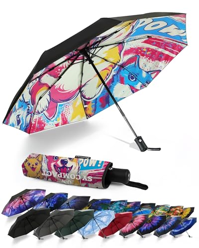 SY COMPACT Travel Umbrella - Windproof Automatic Compact Umbrella for Rain, Lightest 8-Rib, Small, Strong & Portable, Durable Grip, Fits Backpack & Car, Factory Direct (UV Available) - color: Puppy
