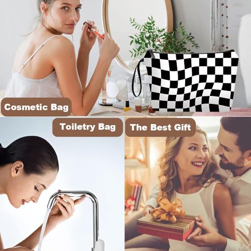 Black Checkered Gifts for Women – Unique Black Plaid Travel Makeup Bag Set with Mirror, Cosmetic Pouch Set for Checkered Lovers & Mom - color: Checkered Black-2S
