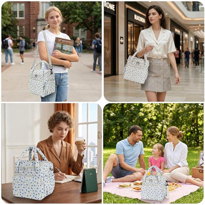 Women's Insulated Lunch Tote Bag - Inch Quilted Lunch Box for Women, Large Waterproof Cooler Bag with Pockets for Work, Picnic, Adult (blue flower) - color: blue flower