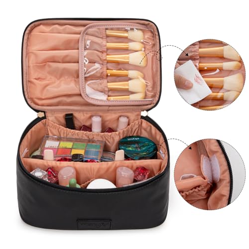 Montana West X Wrangler Travel Makeup Bag 2pcs Set Large Cosmetic Bag with Makeup Brush Holder Portable Make Up Organizer Cute Toiletry Bag with Divider and Handle for Women Black - color: Black
