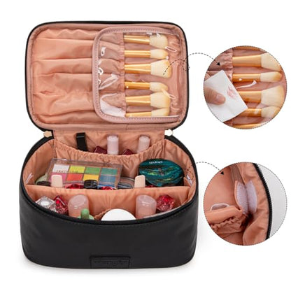 Montana West X Wrangler Travel Makeup Bag 2pcs Set Large Cosmetic Bag with Makeup Brush Holder Portable Make Up Organizer Cute Toiletry Bag with Divider and Handle for Women Black - color: Black