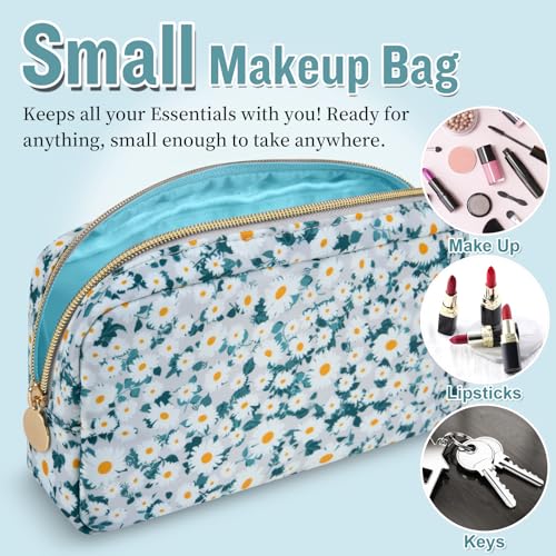 Nylon Small Floral Makeup Bag for Purse, Cute Preppy Makeup Bag Flower Cosmetic Zipper Pouch Purse, Waterproof Portable Travel Toiletry Makeup Brush Coin Pouch Organizer Storage for Women(Green-Daisy) - color: Green-Daisy, size: Small