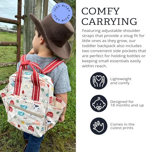 Itzy Ritzy Toddler Backpack - Daycare Bag - Features Adjustable Shoulder Straps, 2 Side Pockets & Spacious Interior with Wipeable Fabric Lining & Name Label, Farm Backpack - color: Farm