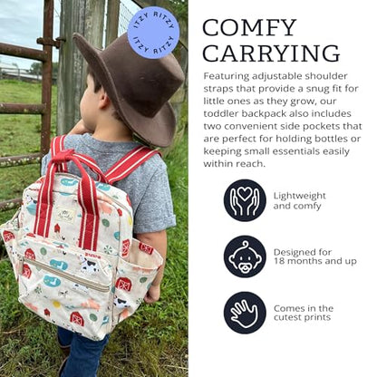 Itzy Ritzy Toddler Backpack - Daycare Bag - Features Adjustable Shoulder Straps, 2 Side Pockets & Spacious Interior with Wipeable Fabric Lining & Name Label, Farm Backpack - color: Farm