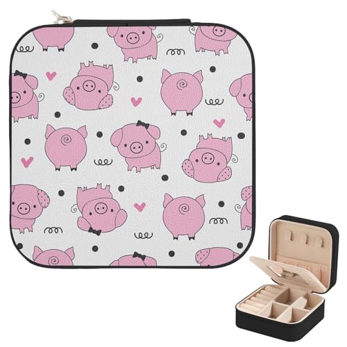 Cute Pig Leather Travel Jewelry Case Organizer with Mirror for Women, Small Jewelry Box Portable Mini Jewelry Case for Earring, Ring, Necklace, Bracelet - color: Cute Pig
