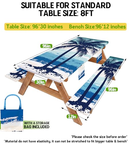 Picnic Table Cover with Bench Covers Waterproof Fitted Table Cloth Tablecover Camp Camper Camping Essentials Outdoor Summer Beach River Water Motorhome Trailer Road Trip Tent Rv Car Travel Activities - color: Blue Coconut Tree, size: 96in