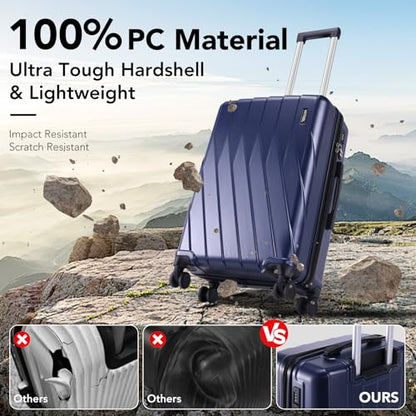 Hoteel Luggage Sets 3 Piece, 4-Year Warranty, Durable Suitcase Set with Spinner Wheels, 100% PC Hard Shell Lightweight Luggage with TSA Lock, Large Checked Travel Suitcases, Dark Blue(20IN/DB/TB) - color: Dark Blue, size: 20/TB/（LB/DB）