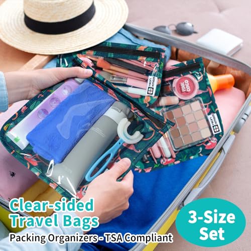 HIONXMGA TSA Approved Toiletry Bag, Set of 3 Clear Travel Toiletry Bag Quart Size Zipper Travel Pouch, Waterproof Makeup Cosmetic Bag for Women Men Kids Toiletries Carry on, Jungle - color: Jungle, Mixed Sizes