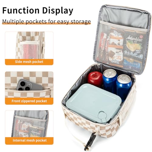 Lunch Box for Women Men Adult Insulated Lunch Bag Women Men Small Reusable Lunchbox for Work Picnic Travel (Beige-Brown Plaid) - color: Beige-Brown Plaid