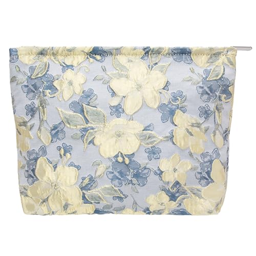 PAZIMIIK Makeup Bag Large Cotton Zipper Pouch for Purse Travel Canvas Make Up Organizer for Women Cosmetic,Brocade Blue - color: Brocade Blue Flower