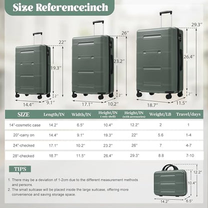 Merax Luggage Set 6 Piece,Lightweight Hardshell Suitcase with Double Spinner Wheels Handle Password Lock,14 IN Cosmetic Case 20/24/28 IN Luggages with Duffel Bag and Toiletry Bag,Army Green - color: Army Green, style: 14+20+24+28+bags
