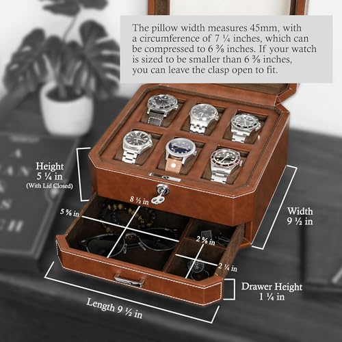 ROTHWELL 6 Slot Leather Watch Box with Valet Drawer - Luxury Case Display Organizer, Microsuede Liner, Locking Mens Jewelry Watches Holder, Men's Watch Storage Large Glass Top (Tan/Brown) - color: 6 Slot - Tan / Brown