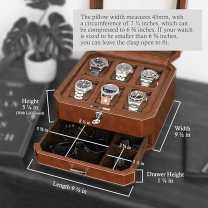 ROTHWELL 6 Slot Leather Watch Box with Valet Drawer - Luxury Case Display Organizer, Microsuede Liner, Locking Mens Jewelry Watches Holder, Men's Watch Storage Large Glass Top (Tan/Brown) - color: 6 Slot - Tan / Brown