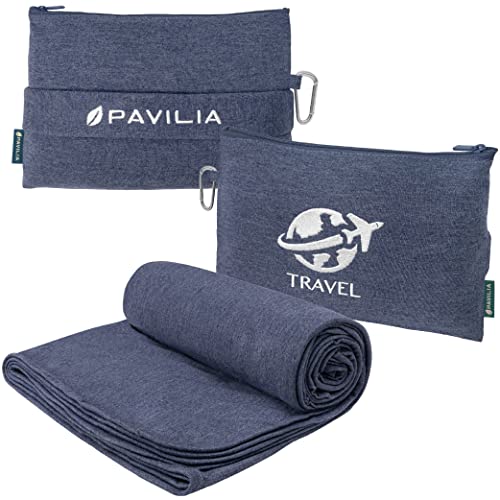 PAVILIA Travel Blanket Compact, Airplane Packable Bag, Soft Fleece Portable Throw Pillow Combo Set, Plane Flight Car Trips Essentials Gift Accessories, Luggage Backpack Clip, Navy Blue, 65 x 40 inch - color: Navy