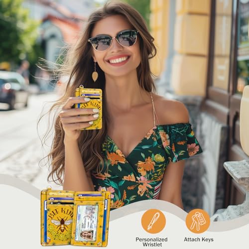 Yonlevres Credit Card Holder Slim Wallet, Bee RFID Wallet Women Front Pocket Small Card Holder, Travel Cute Funny Thin Card Case ID Window PU Leather RFID Blocking Card Organizer Gifts Girls Ladies - color: Bee