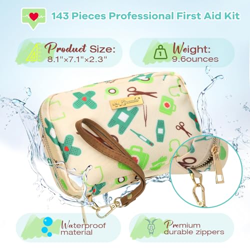 Portable Travel First Aid Kit for Kids and Adults, 143 Pieces All-Purpose Emergency First Aid Kit for Home, Car, Diaper Bag, Survival, Camping, Hiking, and More (Off-White) - color: Off-white