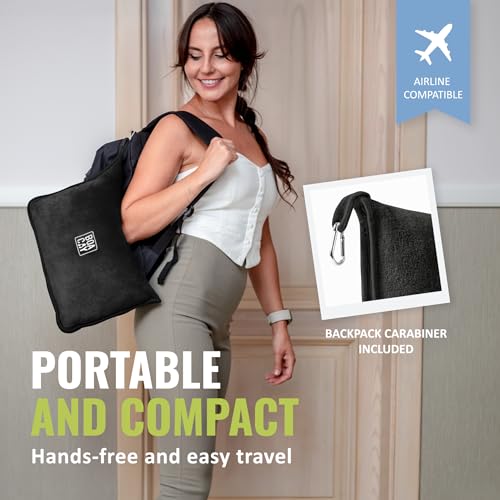 BOACAY Soft & Warm Travel Blanket for Airplane & Car - Long Flight Essential for Women, Men, Kids - Compact Pillow with Luggage Sleeve & Backpack Clip - color: Black