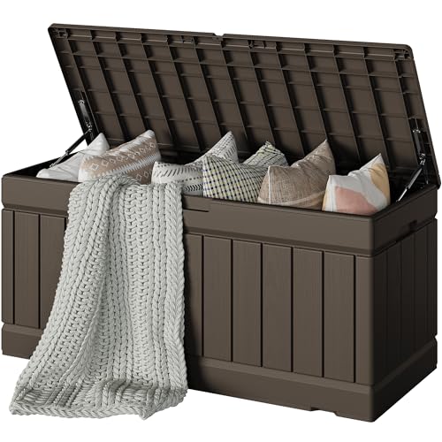 Devoko 78 Gallon Deck Box, Waterproof Resin Outdoor Storage Box for Outside and Patio, Outdoor Storage Bench Lockable for Patio Furniture, Garden Tools and Pool Supplies (Brown, 78 Gallon) - color: Brown, size: 78 Gallon 1 Pack