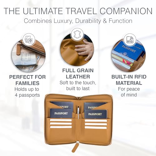 Full Grain Leather Family Passport Holder for 4 Passports - RFID Passport Holder and Travel Document Organizer - Large Leather Travel Wallet for Families - Camel - color: Tan