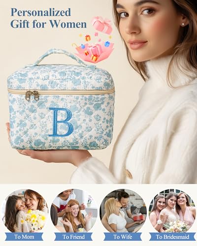HBselect Initial Quilted Makeup Bag, Cotton Large Travel Makeup Bag, Cute Floral Coquette Make up Bag Cosmetic Bag Toiletry Bag for Women Girls B - color: 1Pc Large Blueflower, style: B