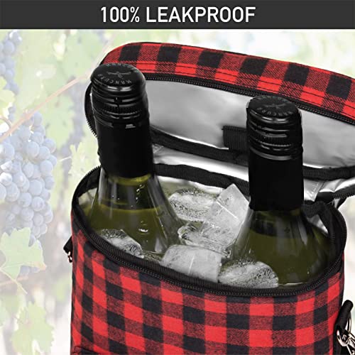 Opux 2 Bottle Wine Tote Carrier, Insulated Cooler Bag for Travel Picnic, Leakproof Padded Case, Wine Gifts for Women & Men, Plaid Buffalo Red - color: Buffalo Plaid Red