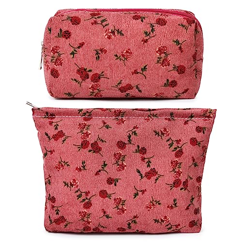 SOIDRAM 2 Pieces Rose Makeup Bag Large Cosmetic Bag Capacity Canvas Mix Travel Toiletry Bag Organizer Cute Makeup Brushes Aesthetic Accessories Storage Bag for Women, Rose Mix Green Red - color: Red Rose