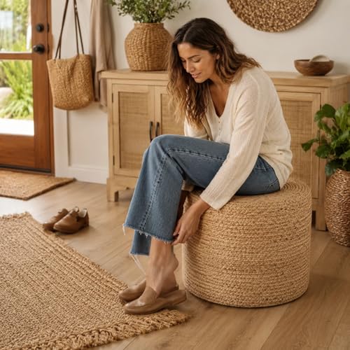 Wimarsbon 18'' Pouf Ottoman, Natural Braided Poof, Round Poufs, Rustic Handweave Lounge Pouffe, Boho Footrest Stool for Bedroom, Accent Table or Seat for Patio, Living Room - color: 18inch Natural Water Hyacinth Braid
