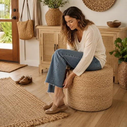 Wimarsbon 18'' Pouf Ottoman, Natural Braided Poof, Round Poufs, Rustic Handweave Lounge Pouffe, Boho Footrest Stool for Bedroom, Accent Table or Seat for Patio, Living Room - color: 18inch Natural Water Hyacinth Braid