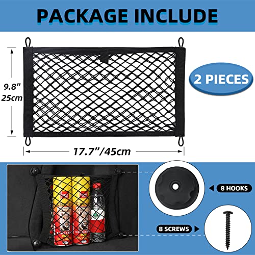 Universal Mesh Cargo Net for Car Trunk Storage,2 Pack Elastic Small Cargo Net Pocket Organizer Pouch Bag,Stretchable Automotive Cargo Nets with 8 Pieces Mounting Screws and Hooks for RV,SUV,Boats,Home - size: 17.7 x 9.8 inch