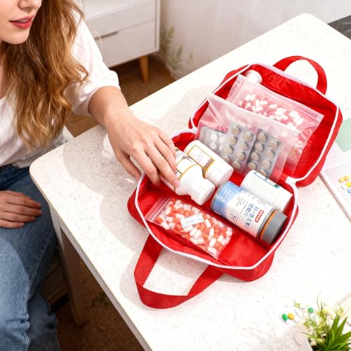 6 Pack First Aid Kit Bag Empty, Red Oxford Fabric Emergency Medical Pouch Trauma Storage Organizer for Car, Travel, Camping, Home, Office, Workshop & Outdoor Activities